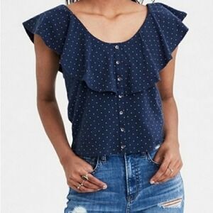 AMERICAN Eagle Navy Polka Dot Ruffle Overlay Button Front Top Size Medium